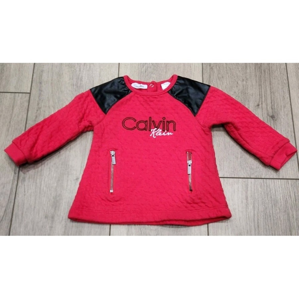 Calvin Klein Shirt Girl Baby Toddler Size 12 Months Red Faux Leather‎ Shoulders